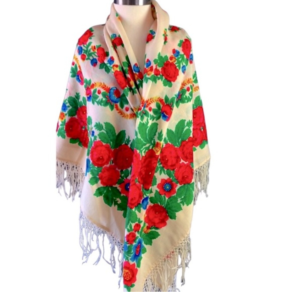 MEXICANA Vintage Shawl with Fringe 55”sq EUC